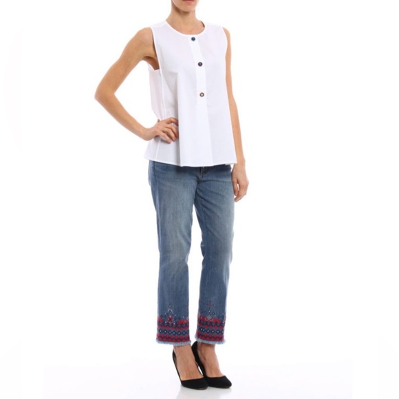TORY BURCH TOP SIZE 10 WHITE 3 NOVELTY BUTTONS CLOSURE SLEEVELESS CRISP COTTON - Picture 1 of 10